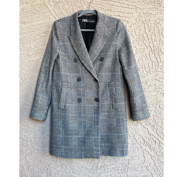 ZARA Gray & Blue Checkered Plaid Houndstooth Double Breasted Soft Faux Wool Coat - Picture 5 of 11